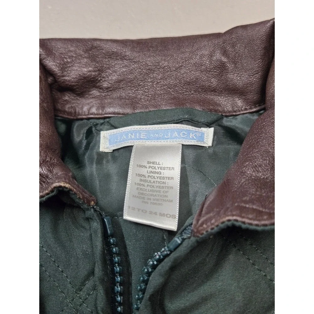Janie and Jack 12-24 Months Green Quilted Field Jacket Faux Brown Leather Collar